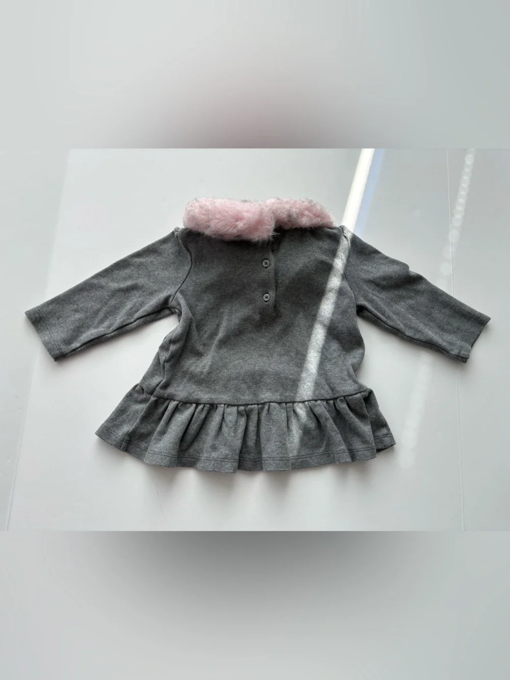 KIDS Janie and Jack Girls Gray Peplum Top Pink Faux Fur Collar Bow Size 5
